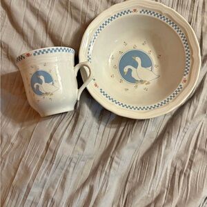Blue and White Goose Design Mug and Bowl Set